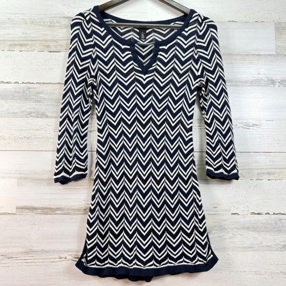 White House Black Market Navy White Chevron Sheer Sweater Dress 3/4 Sleeve S